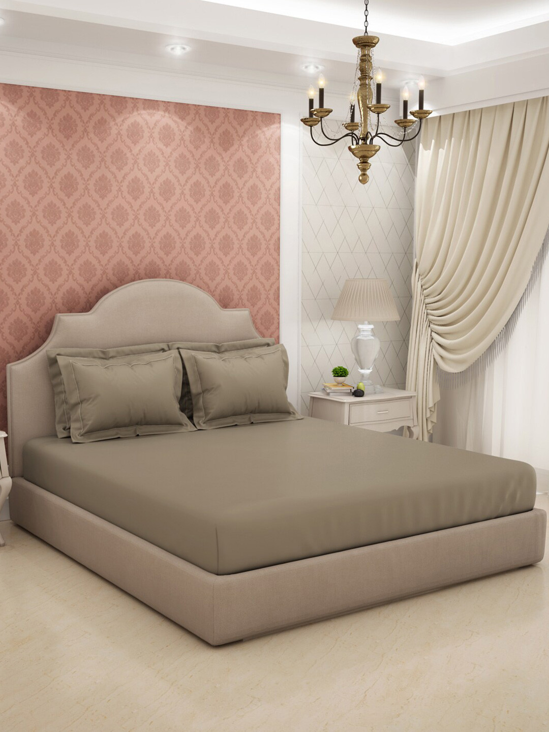 SPACES Eminence Brown Pure Cotton 600 TC Fitted King Superfine Bedsheet with 4 Pillow Covers-108 x 108 inches