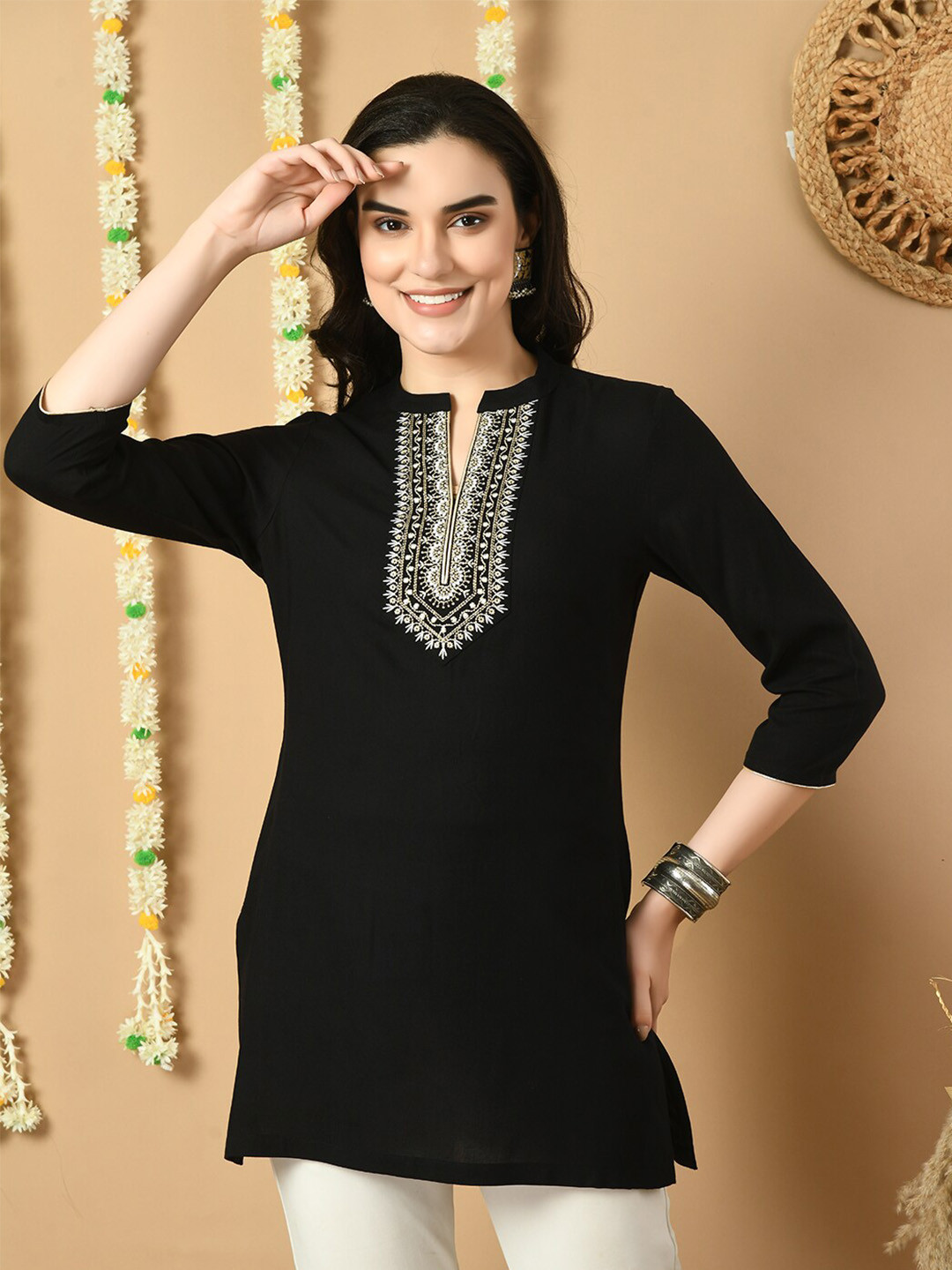MEESAN Floral Embroidered Mandarin Collar Tunic
