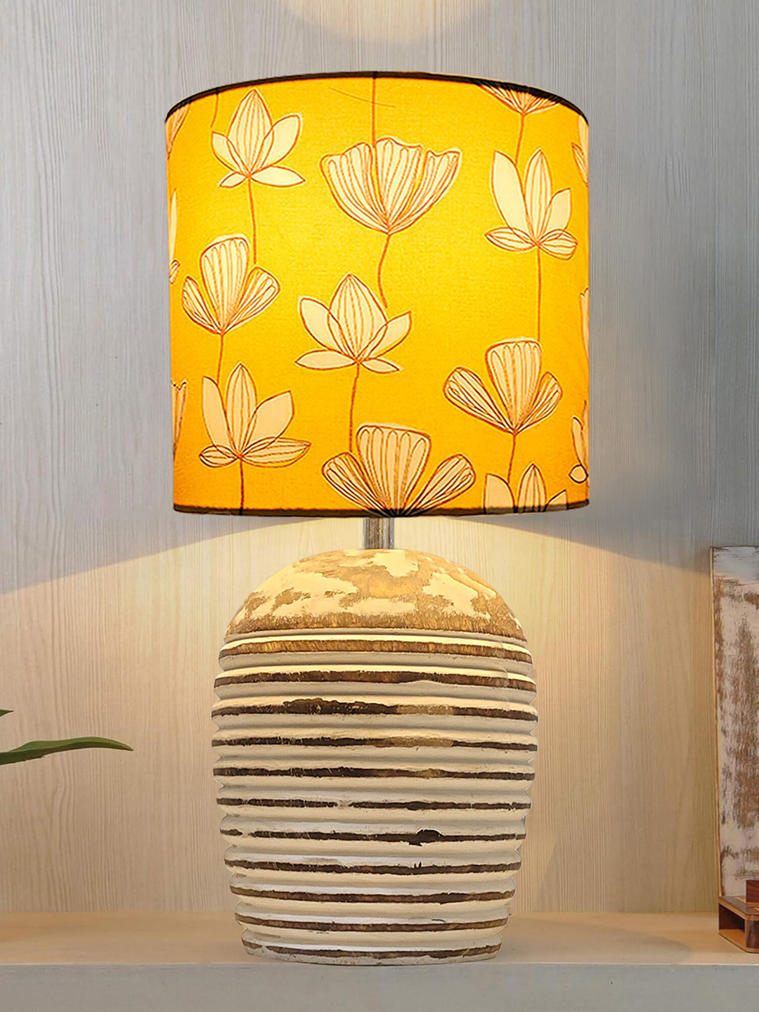 Homesake Orange & White Printed Cylinder Wooden Table Lamp