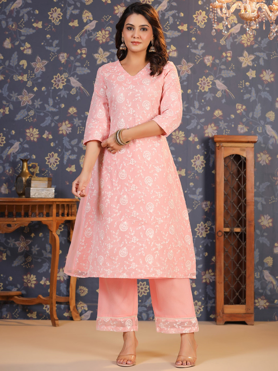 House of Pataudi Floral Embroidered V-Neck Kurta Sets With Palazzos