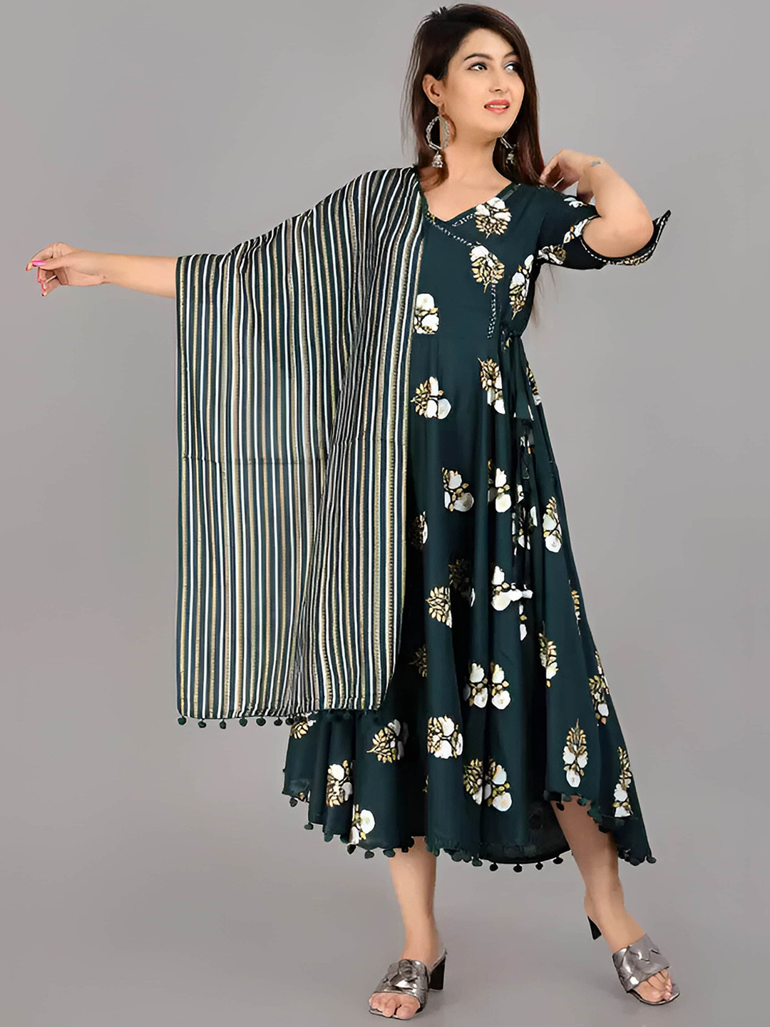 ao services Floral Printed Flared Angrakha Style Anarkali Kurta With Duppatta