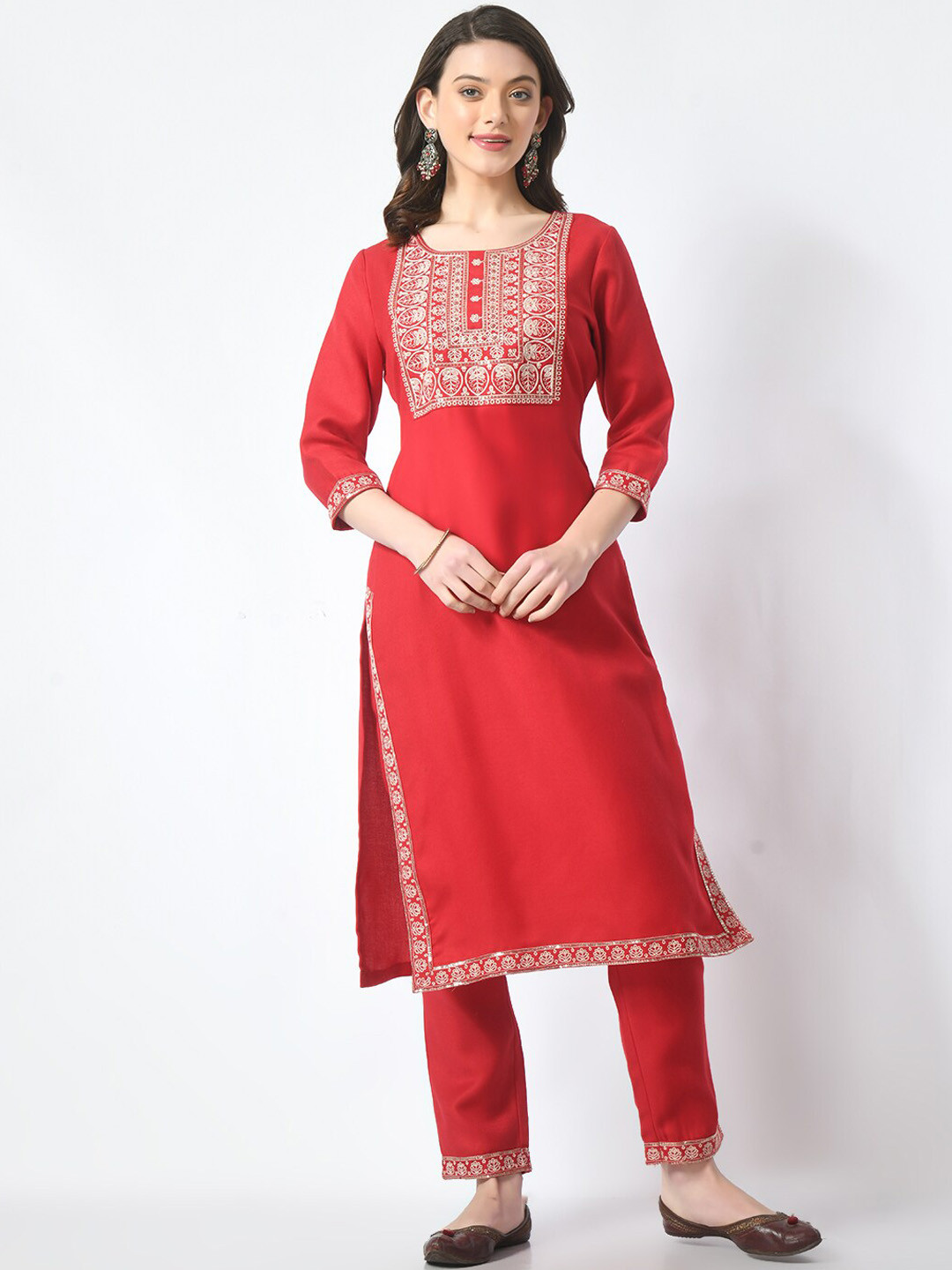 MEESAN Yoke Design Embroidered Regular Thread Work Ethnic Straight Kurta With Trouser