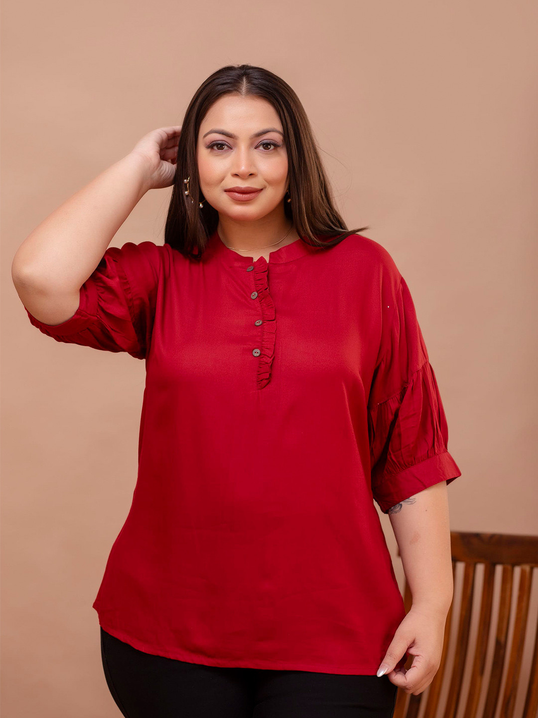 MissKurti Plus Size Mandarin Collar Puff Sleeves Tunic