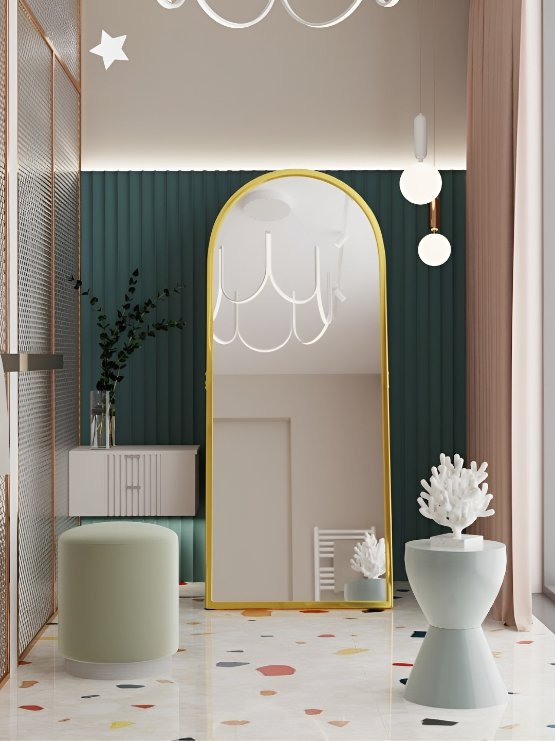 CasaGold Metallic Toned Arch Shaped Metal Framed Full Length Floor Mirror with Stand