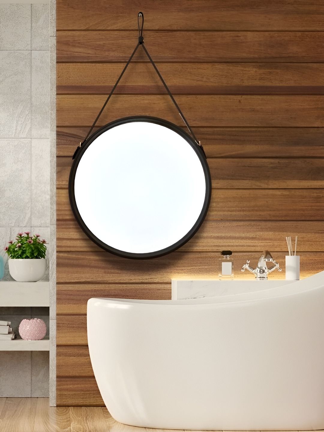 CasaGold Black & Grey Leather Framed Round Shape Bathroom Wall Mirror With Belt