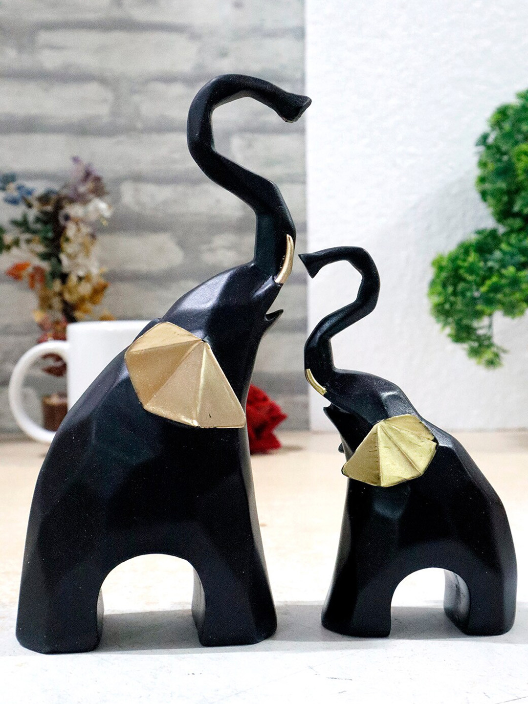 JAIPUR ACE Elephant Black Polyresin Natural Living Room Set of 2 Medium Showpieces - 1.2 Inches