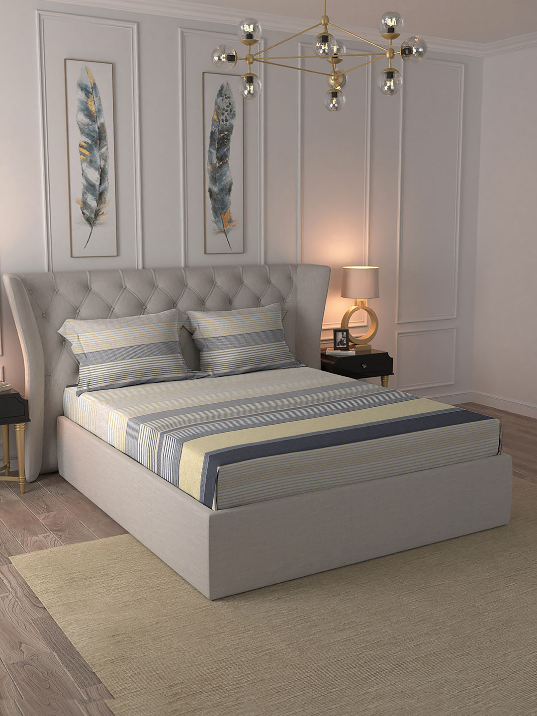 MYTRIDENT White & Yellow Striped TC 321 Queen Bedsheet with 2 Pillow Covers