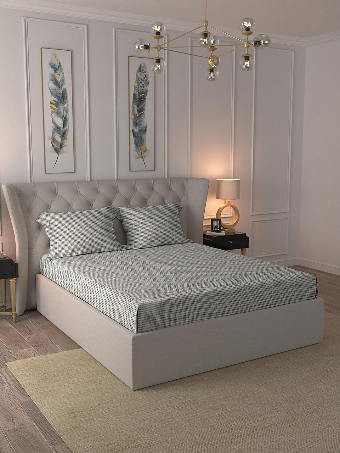 MYTRIDENT Home Essential White Geometric Microfiber 330 TC Queen Fine Bedsheet with 2 Pillow Covers-87 x 94 inches