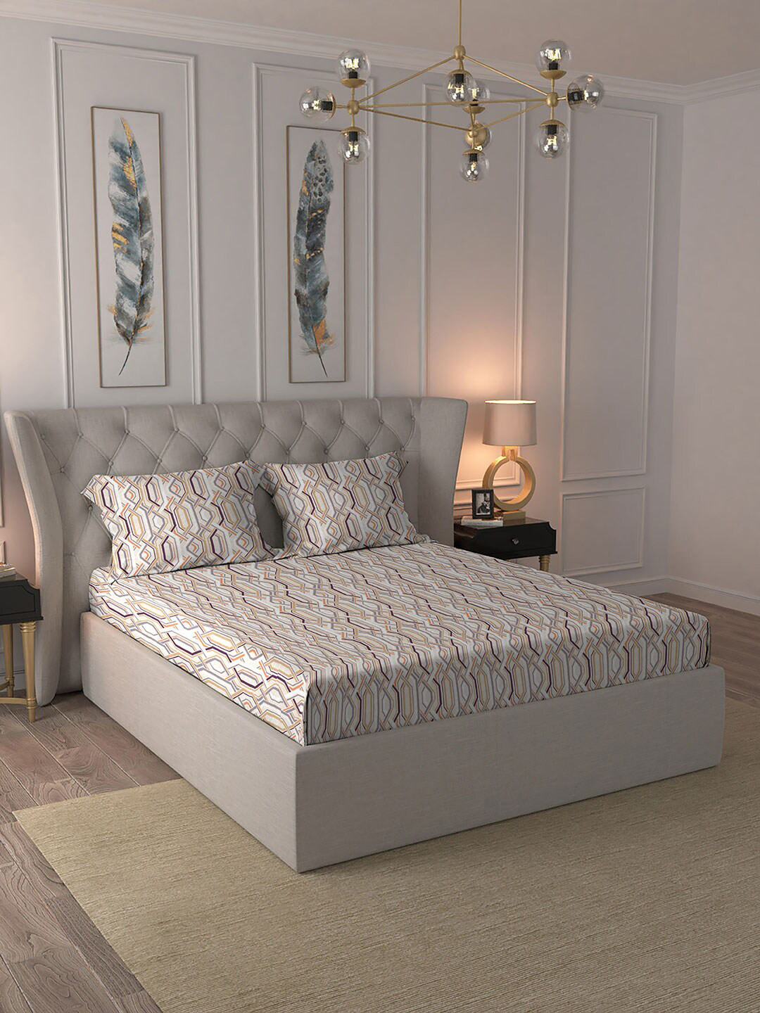 MYTRIDENT Home Essential White Geometric Microfiber 321 TC Queen Fine Bedsheet with 2 Pillow Covers-87 x 94 inches