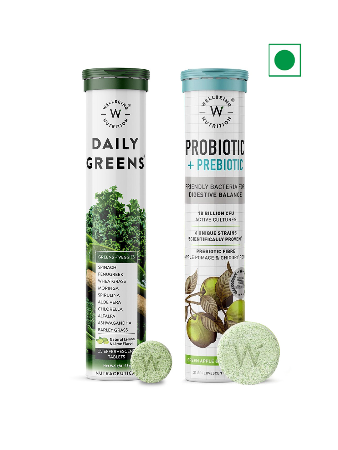 Wellbeing Nutrition Probiotic + Prebiotic Tablets 21Pcs & Daily Greens Tablets 15Pcs