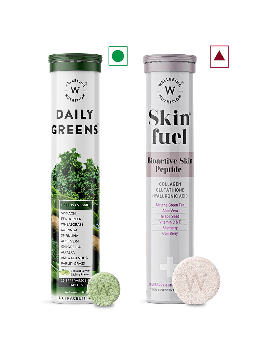 Wellbeing Nutrition Skin Fuel Tablets & Daily Greens Wholefood Tablets - 15 Pcs Each