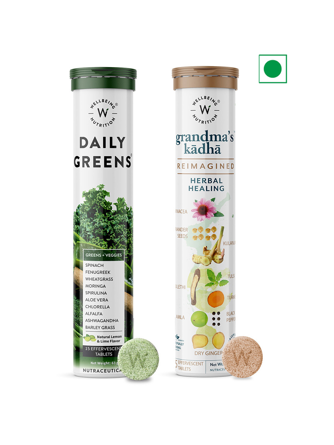 Wellbeing Nutrition Daily Greens Wholefood Tablets & Grandma's Kadha Tablets - 15Pcs Each