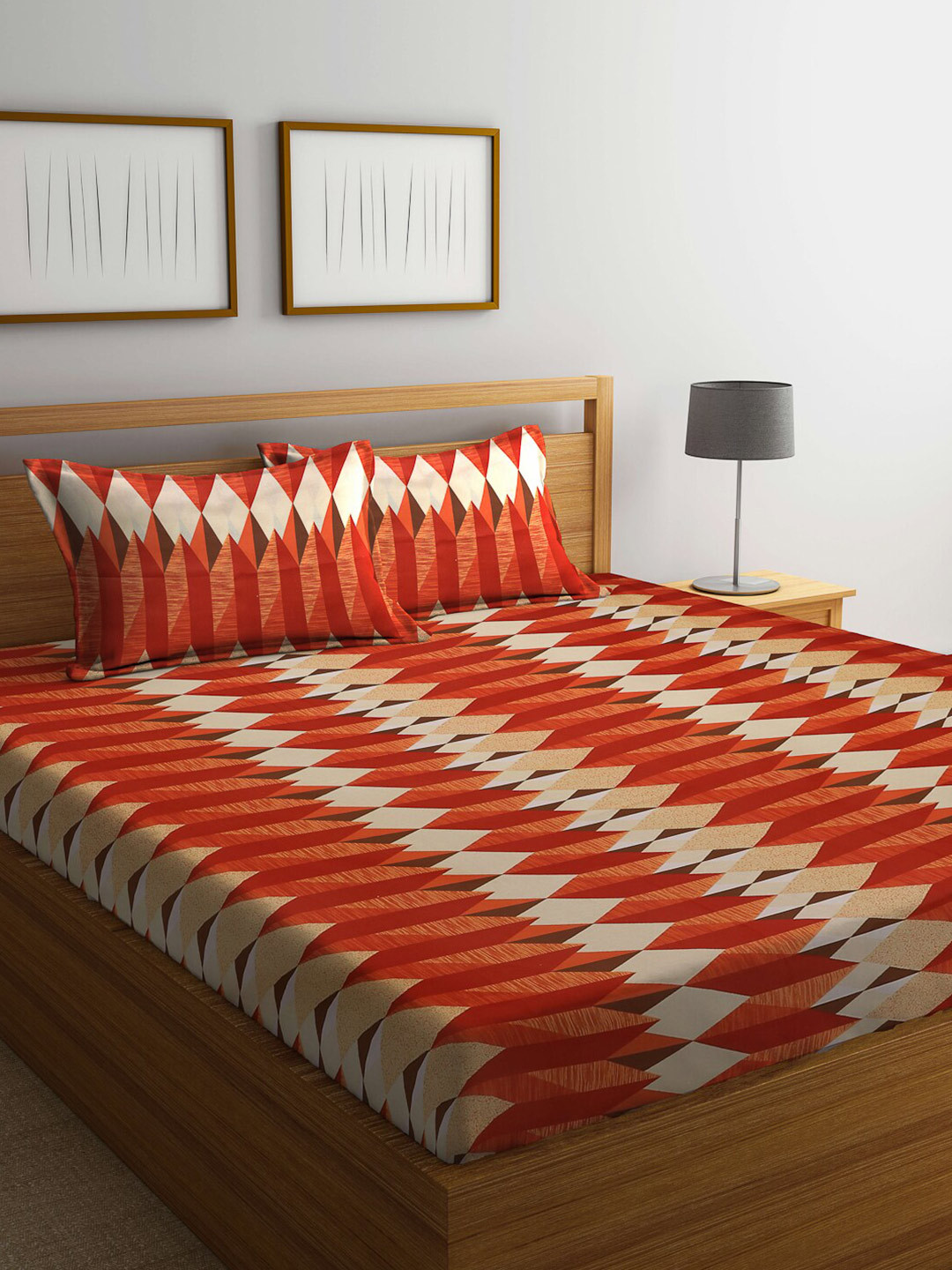 Dhrohar Orange Geometric Cotton 240 TC Queen Fine Bedsheet with 2 Pillow Covers-240 x 220 cm