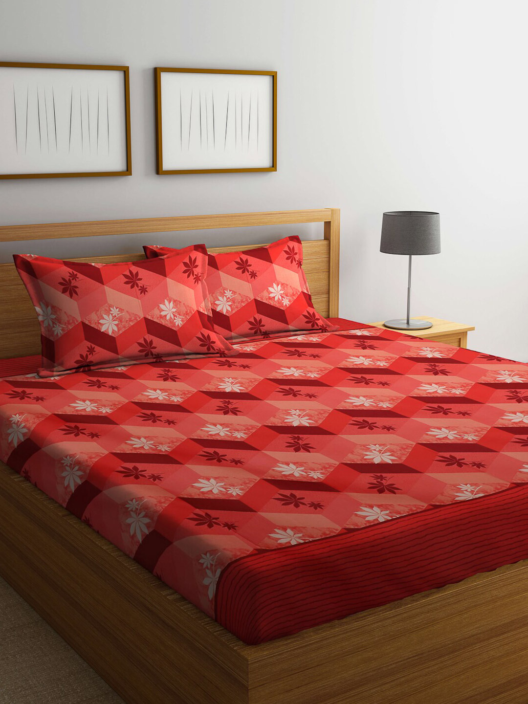 Dhrohar Orange Floral Cotton 240 TC Queen Fine Bedsheet with 2 Pillow Covers-240 x 220 cm