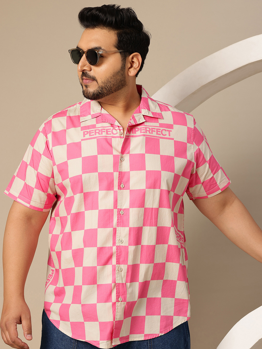 Sztori Plus-Size Checkerboard Hawaiian Cotton Shirt
