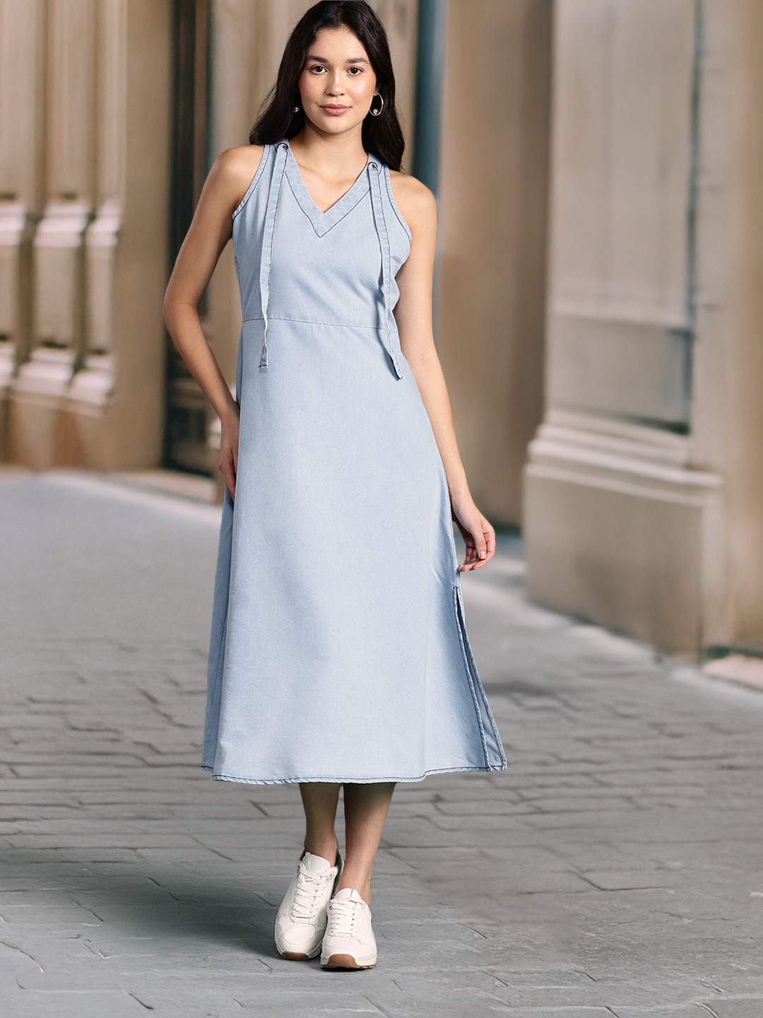 DressBerry A-Line Midi Dress with Tie-Ups Detail