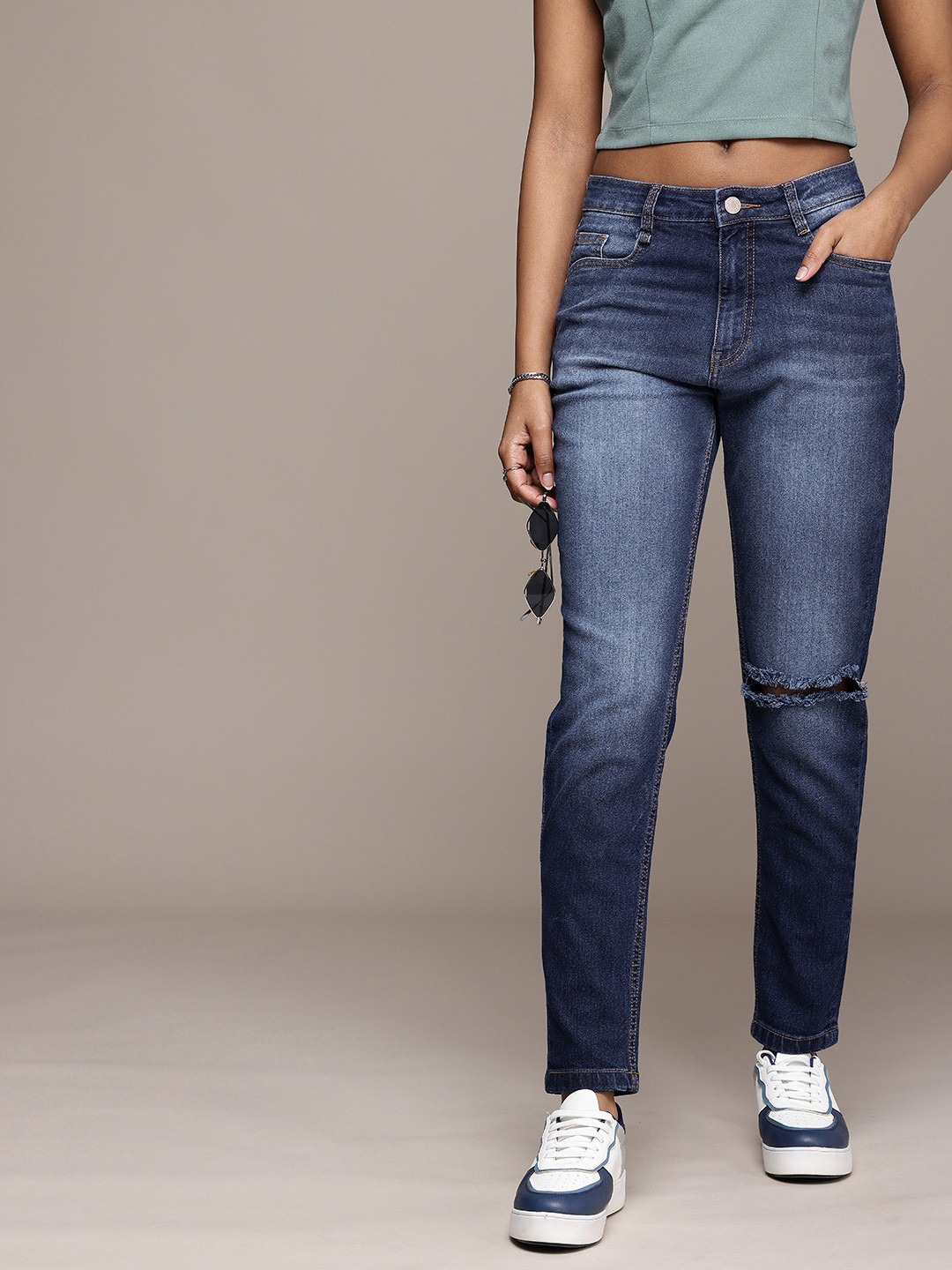 The Roadster Life Co. Women Mom Fit High-Rise Light Fade Ripped Stretchable Jeans