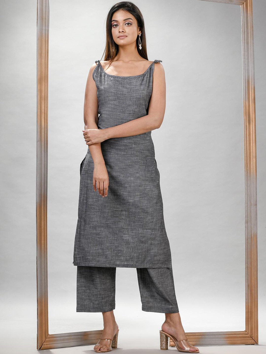 Angoshobha Woven Design Regular Boat Neck Tied Sleeves Pure Cotton Kurta With Palazzos