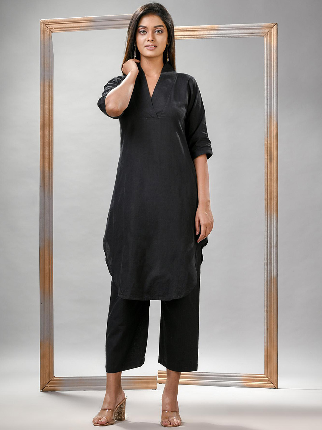 Angoshobha Woven Design V-Neck Pure Cotton Straight Kurta with Palazzos