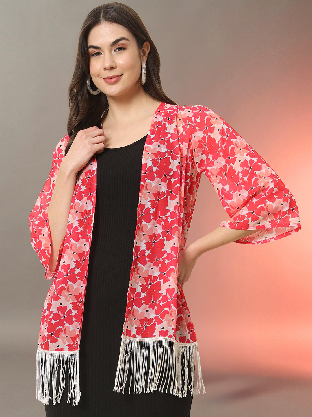 Trend Arrest Floral Printed Fringed Open Front Shrug
