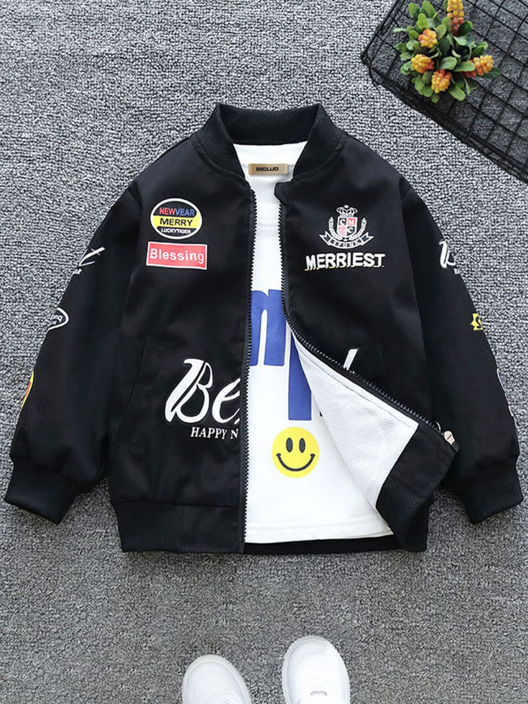 INCLUD Boys Black Typography Printed Lightweight Bomber Jacket
