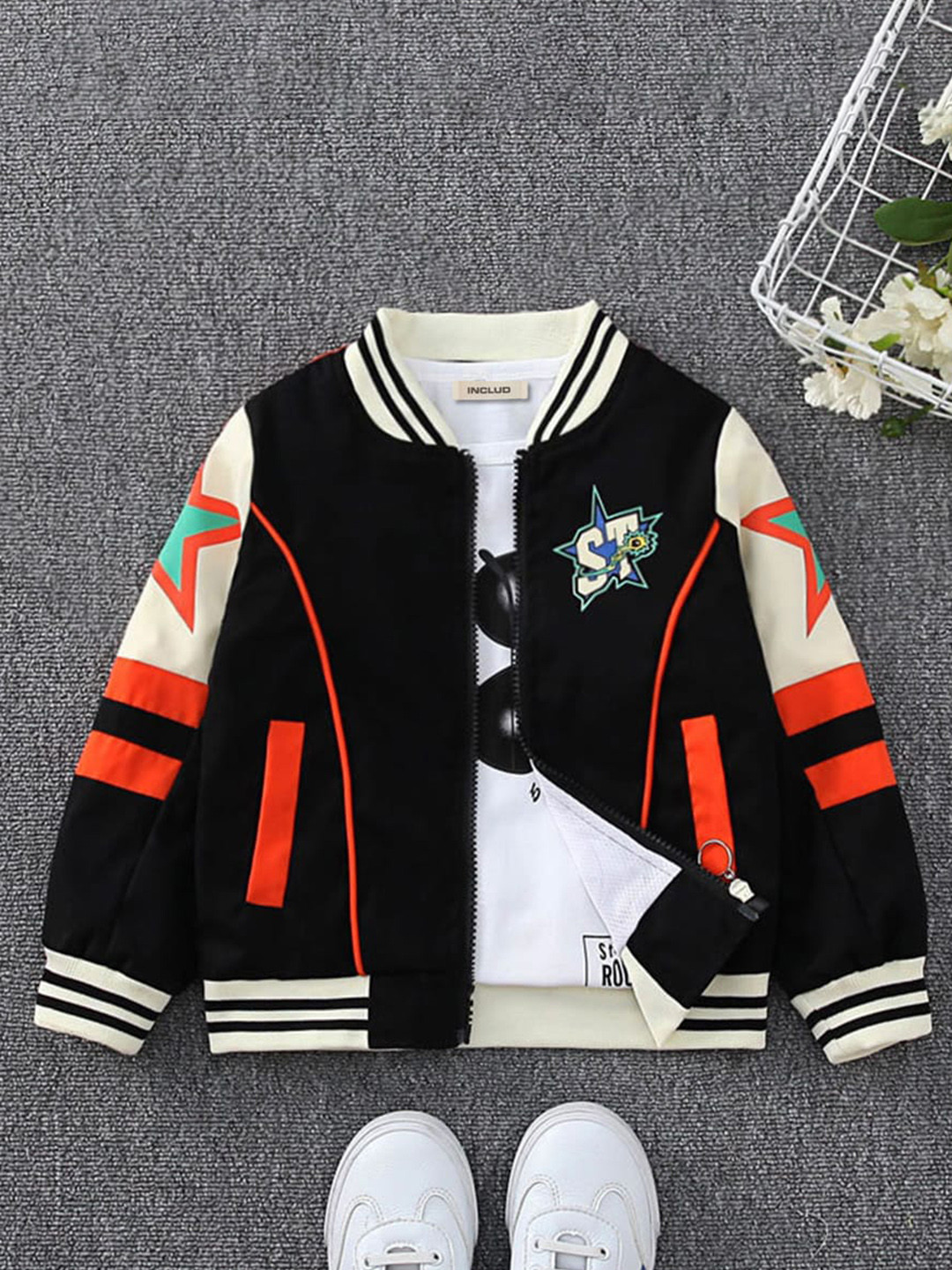 INCLUD Boys Orange Typography Printed Lightweight Varsity Jacket