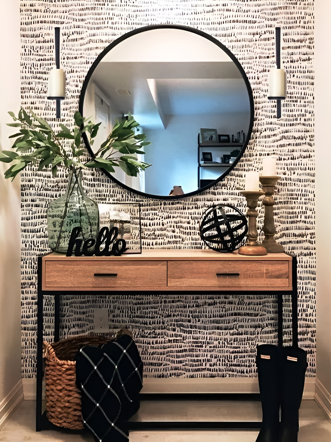 CasaGold Black & Grey Round Shape Framed Wall Mirror With Side Candle Stand