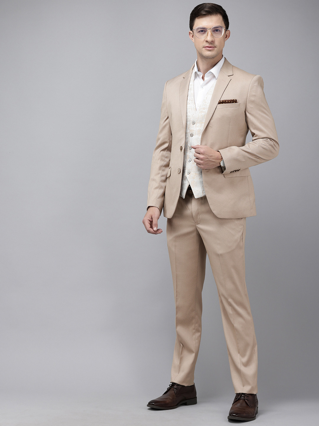 Park Avenue Self Design Single Breasted Super Slim Fit 3 Piece Party Suits
