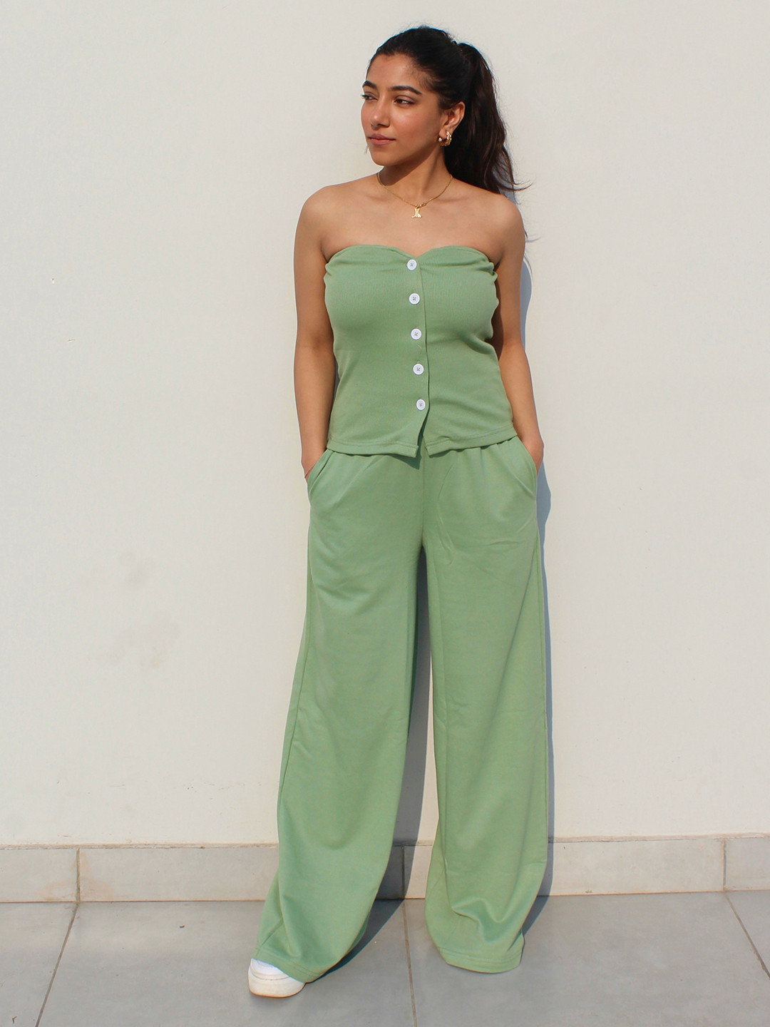 Obleka Rib Strapless Top With French Terry Wide Leg Palazzo Co-ords