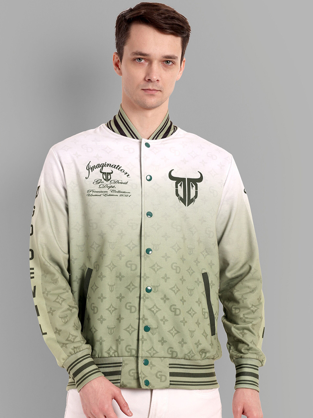 GO DEVIL Graphic Printed Mandarin Collar Bomber Jacket