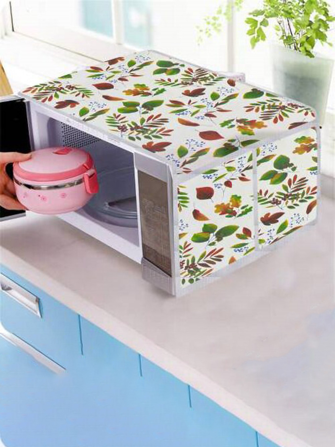 Dakshya Industries White & Green Floral Printed Microwave Oven Cover