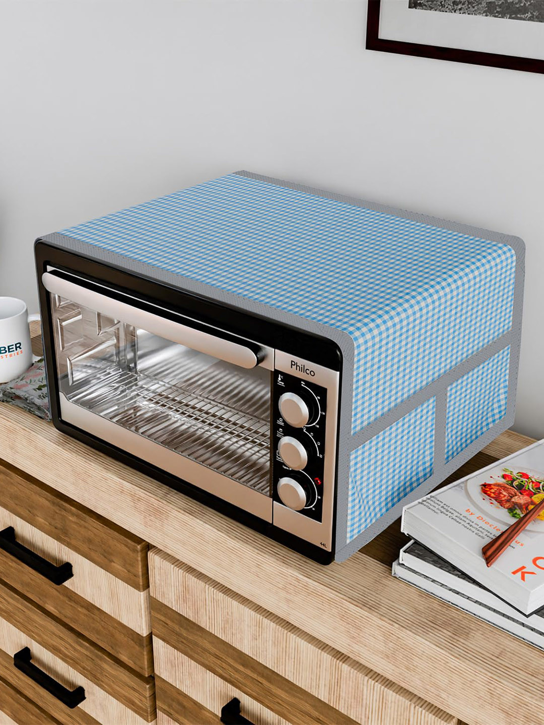 Dakshya Industries White & Blue Checked Microwave Oven Cover