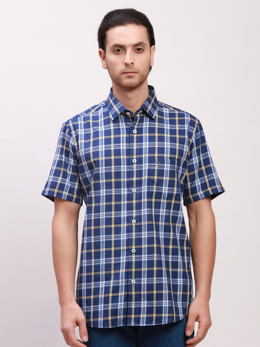 ColorPlus Cotton Custom Tailored Fit Tartan Checks Opaque Checked Casual Shirt