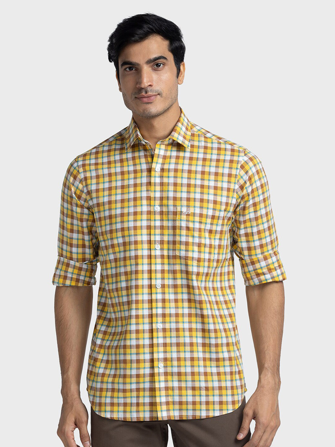 ColorPlus Custom Tailored Fit Tartan Checks Cotton Opaque Checked Casual Shirt