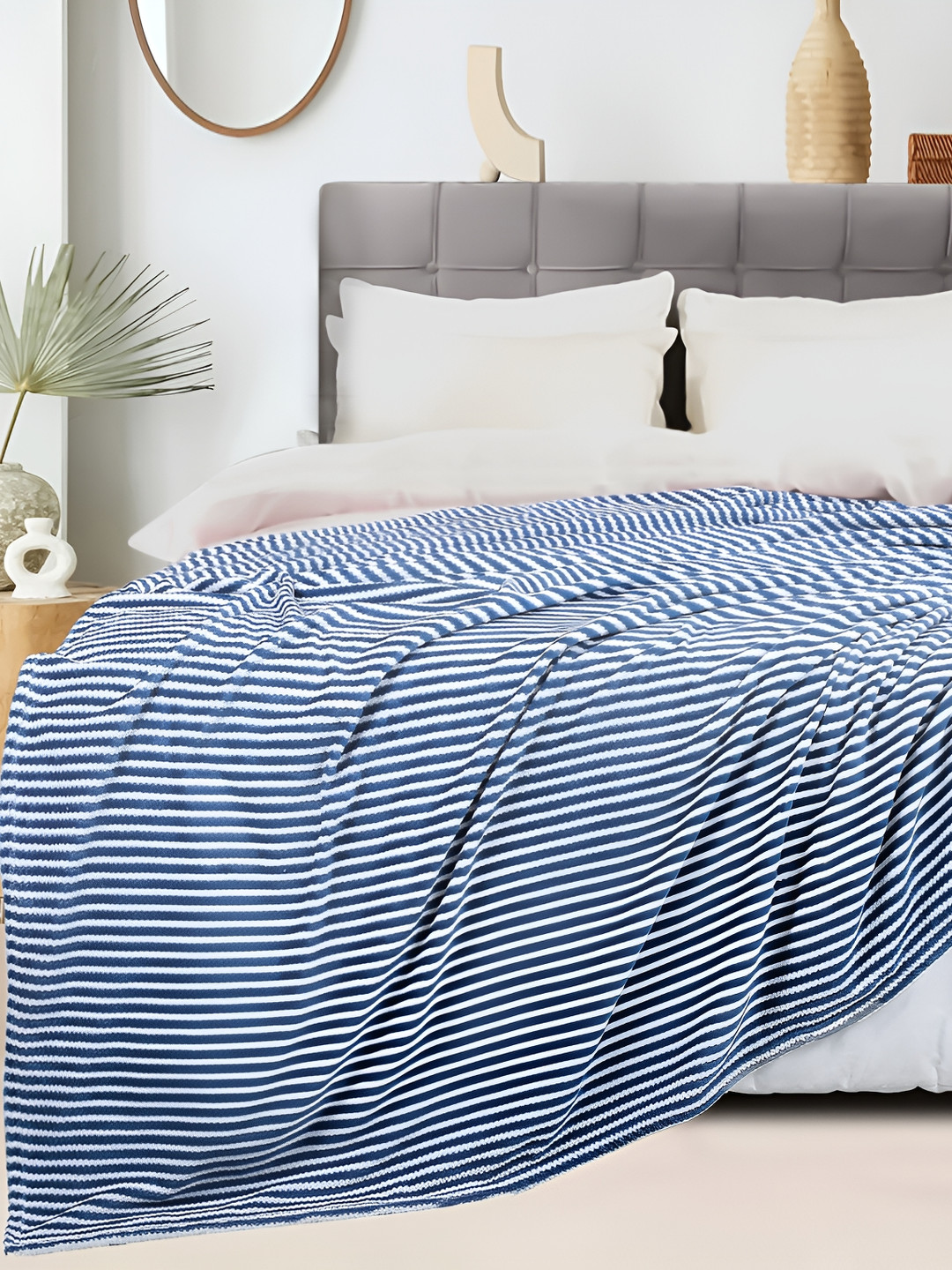 bsb home Blue & White Striped Fleece AC Room 300 GSM Double Bed Blanket