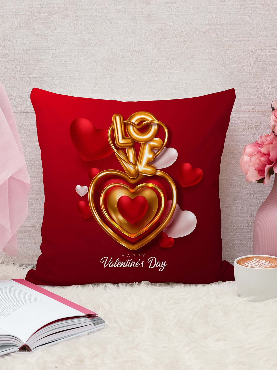 STITCHNEST Red & Gold Jute Cushion Cover