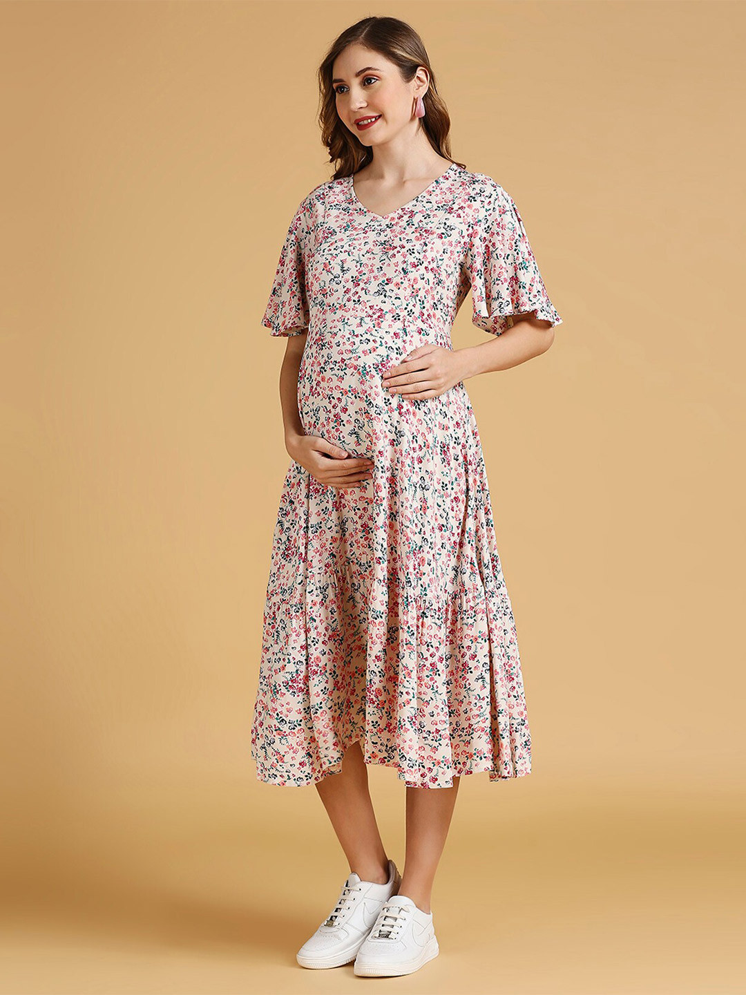 MomToBe Cream Floral Print Maternity Rayon Fit & Flare Dress