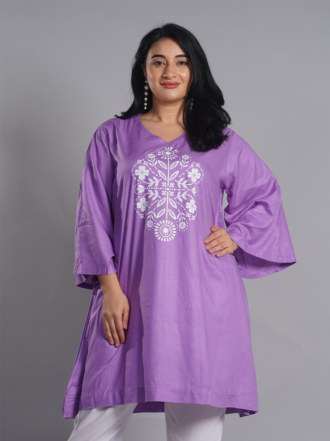 LetsDressUp PLus Size Floral Printed V-Neck Bell Sleeves A-Line Kurta