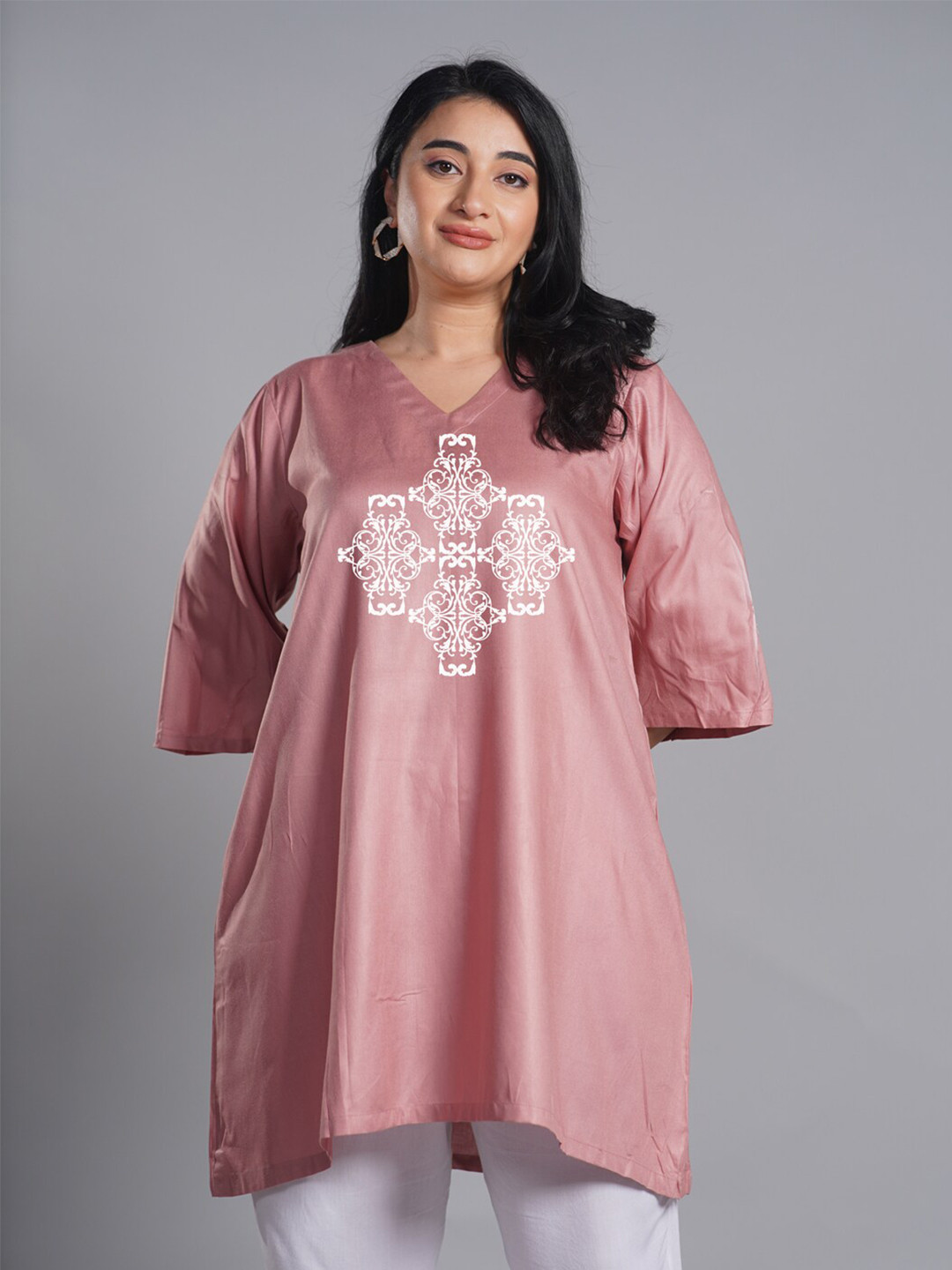 LetsDressUp Plus Size Floral Printed V-Neck Three-Quarter Flared Sleeves Kurta