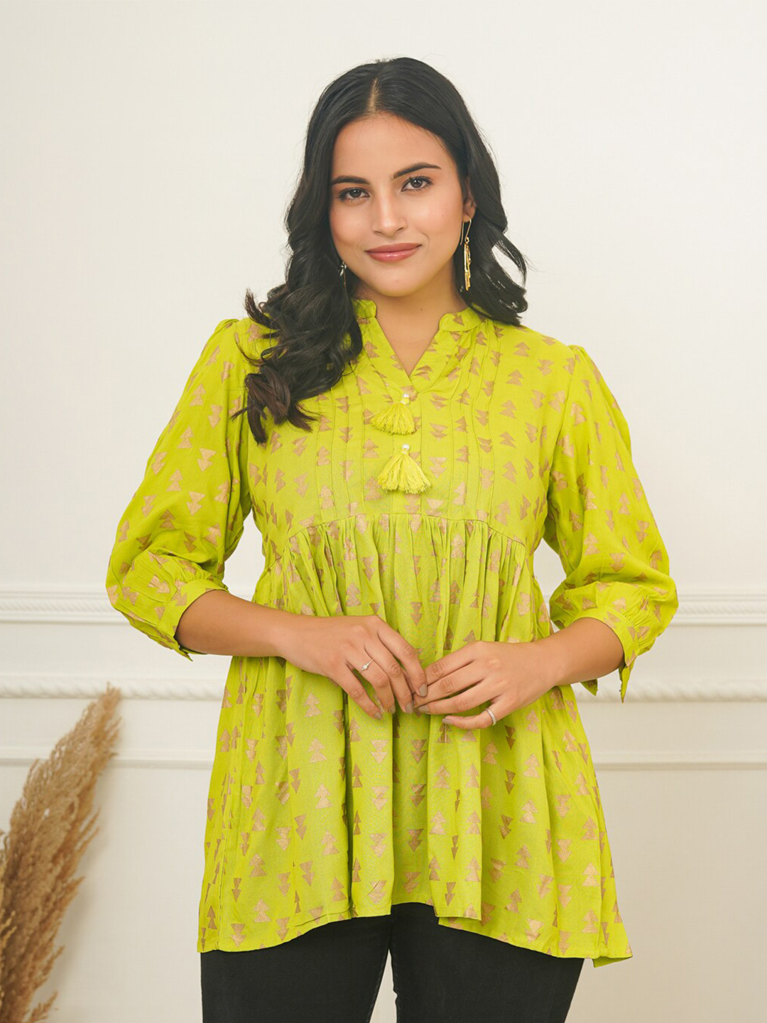 Adveta Geometeric Print Mandarin Collar Puff Sleeve Cotton Peplum Top