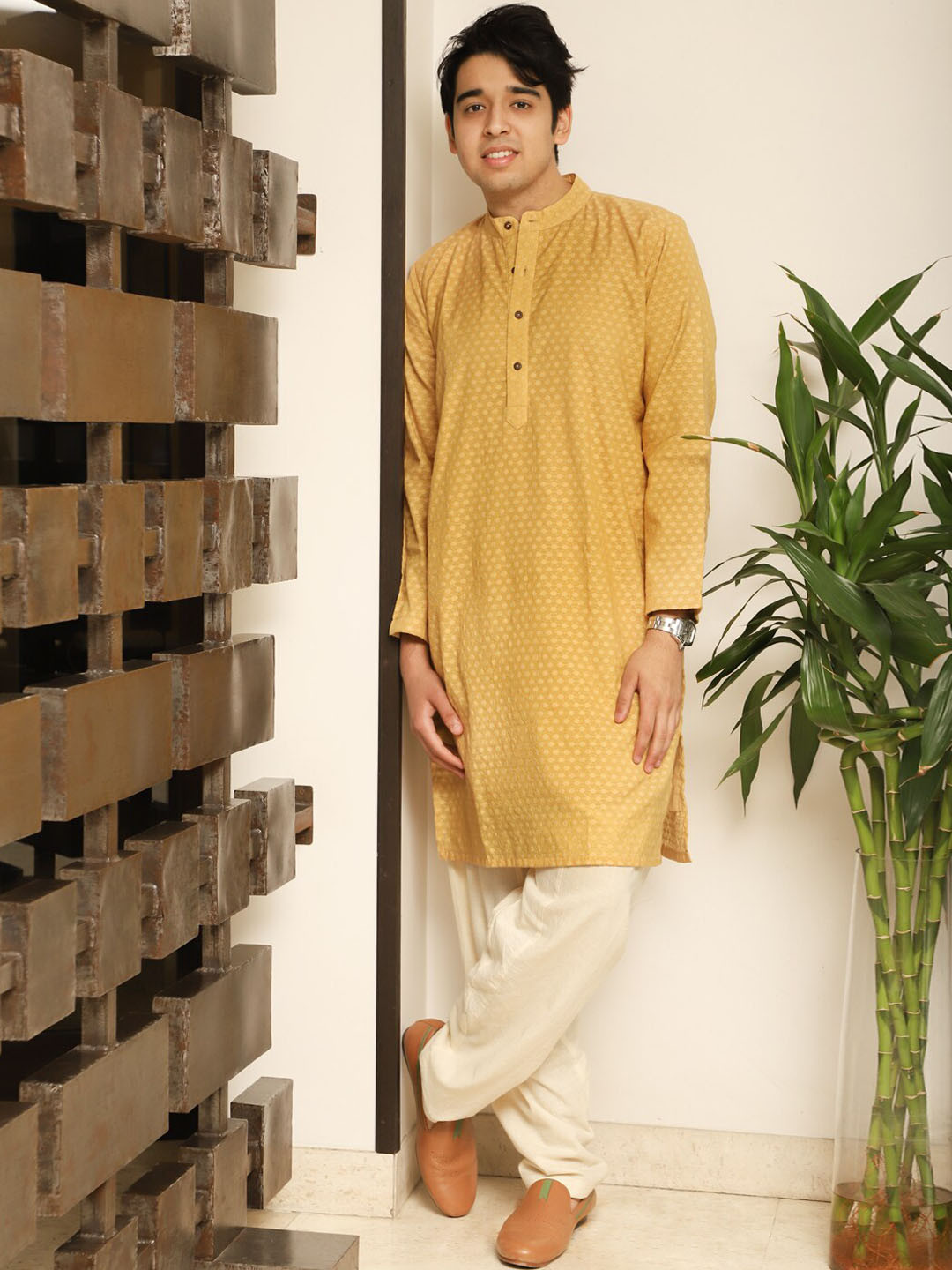 Spring Soul Mustard Yellow Cotton Jacquard Mandarin Collar Flared Kurta