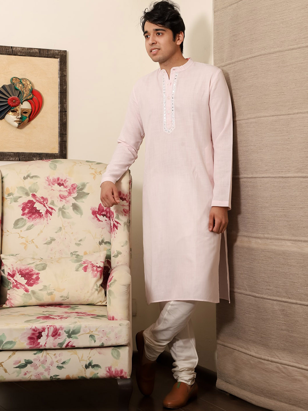 Spring Soul Pink Cotton Embroidered Mandarin Collar Straight Kurta