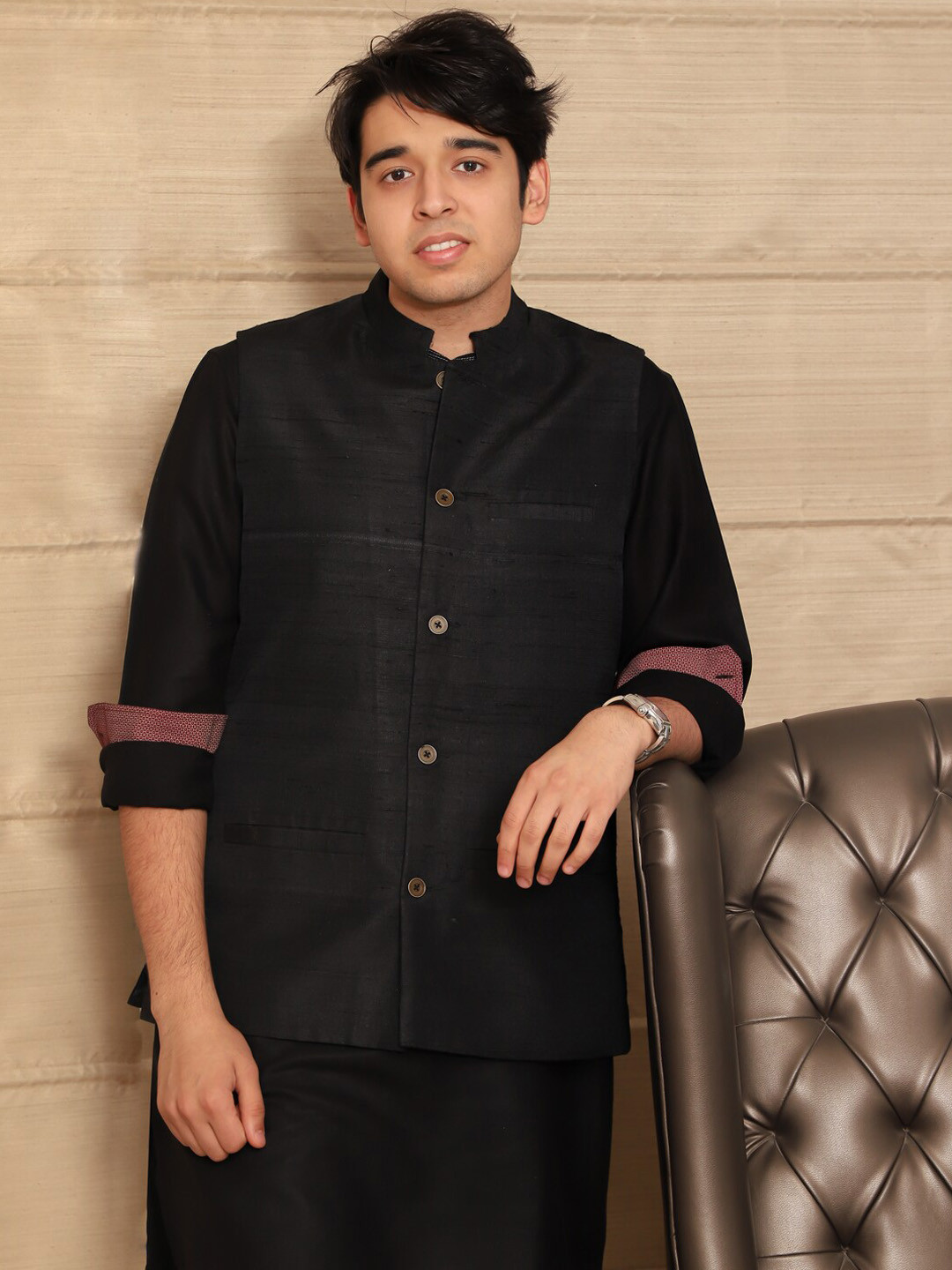 Spring Soul Black Cotton Mandarin Collar Flared Short Kurta