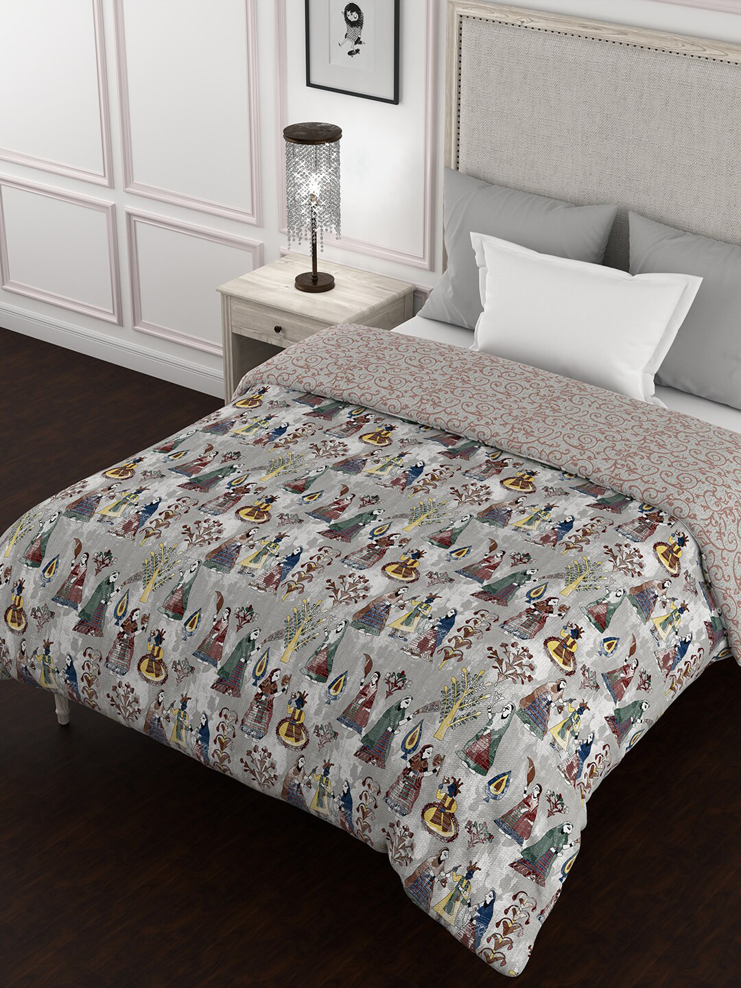 BELLA CASA Kalamkari Grey Ethnic Motifs Cotton 150 GSM Reversible Single Bed Quilt