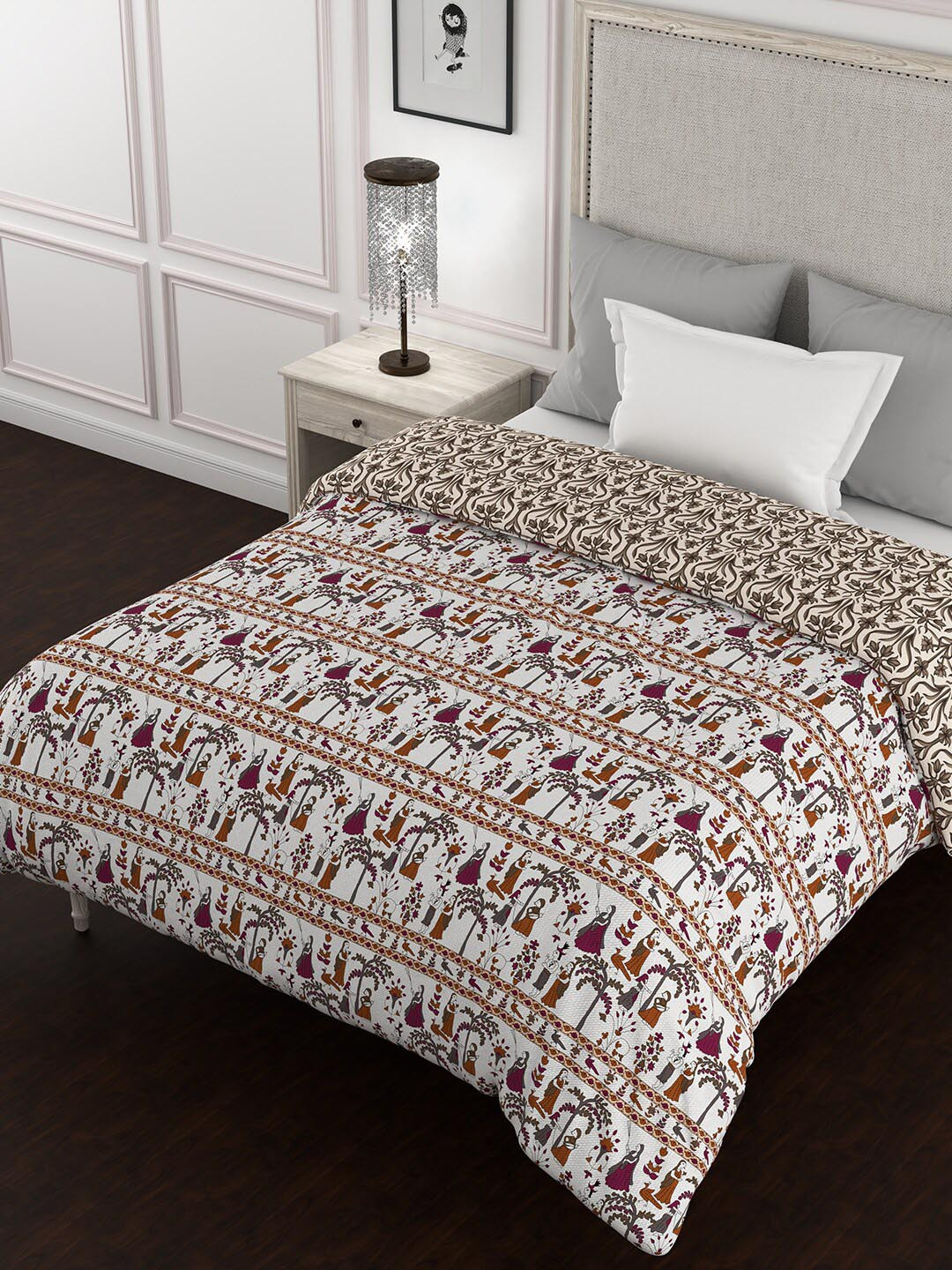 BELLA CASA Kalamkari Violet Ethnic Motifs Cotton 150 GSM Reversible Single Bed Quilt