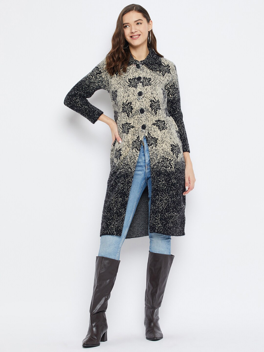 Zigo Floral Self Design Peter Pan Collar Woollen Longline Cardigan Sweater