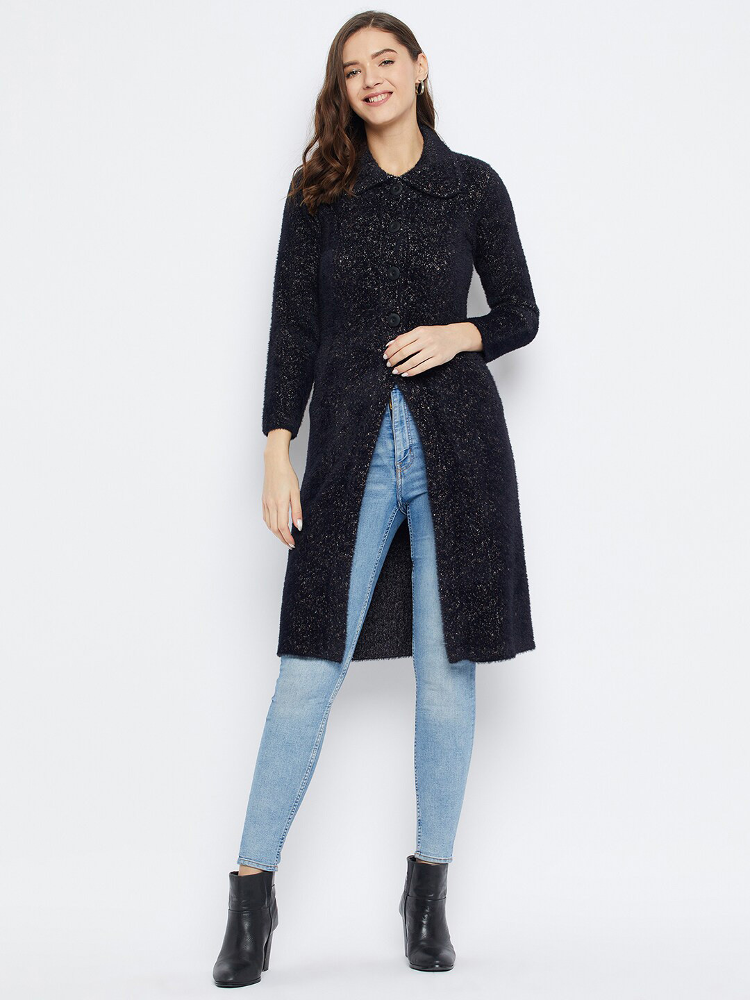 Zigo Abstract Self Design Peter Pan Collar Woollen Longline Cardigan Sweater