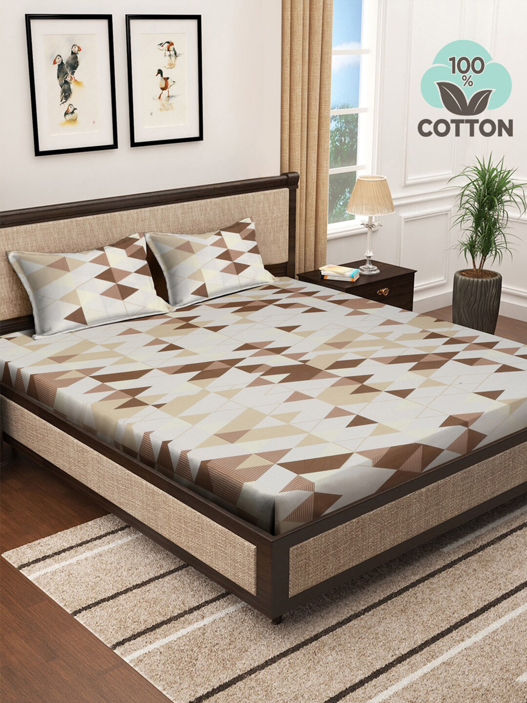 KLOTTHE White Geometric Pure Cotton 400 TC Fitted King Superfine Bedsheet with 2 Pillow Covers-98 x 89 inches