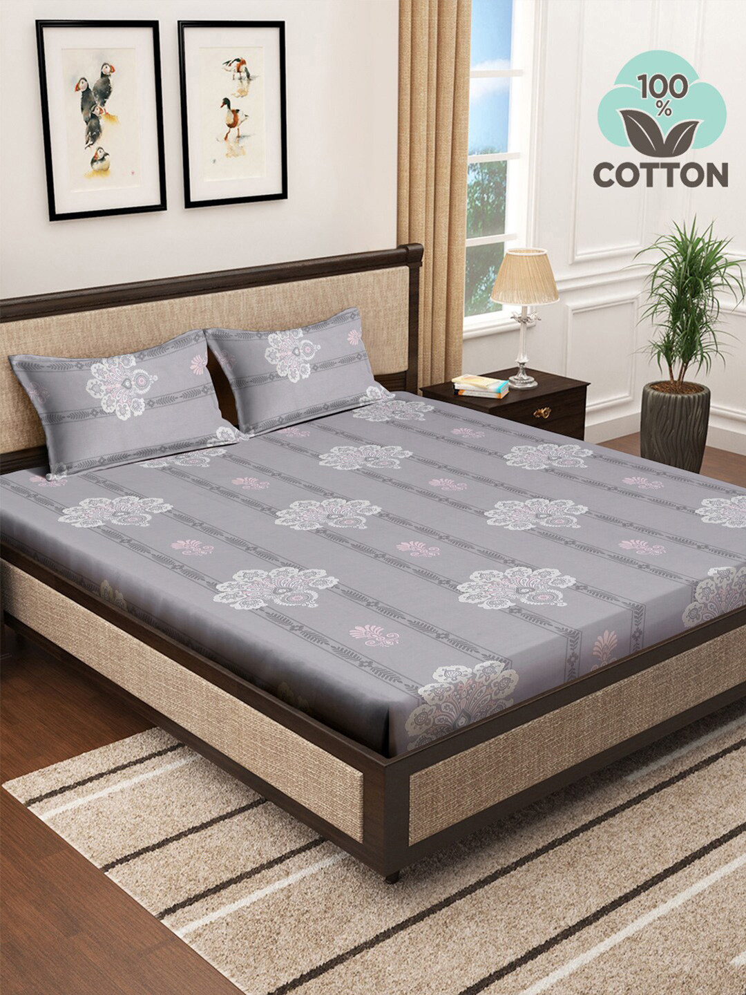 KLOTTHE Juniors Grey Floral Pure Cotton 400 TC Fitted King Superfine Bedsheet with 2 Pillow Covers-250 x 225 cm