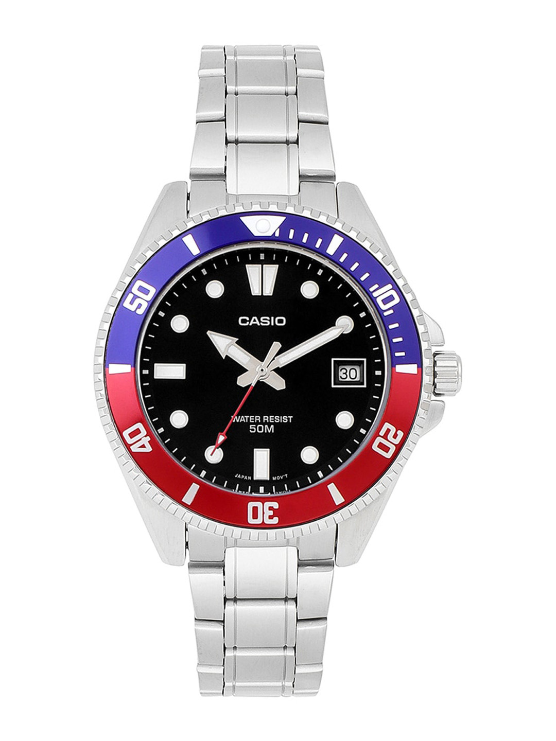 CASIO Men Textured Round Dial Stainless Steel Bracelet Style Analogue Calendar Watch A2197